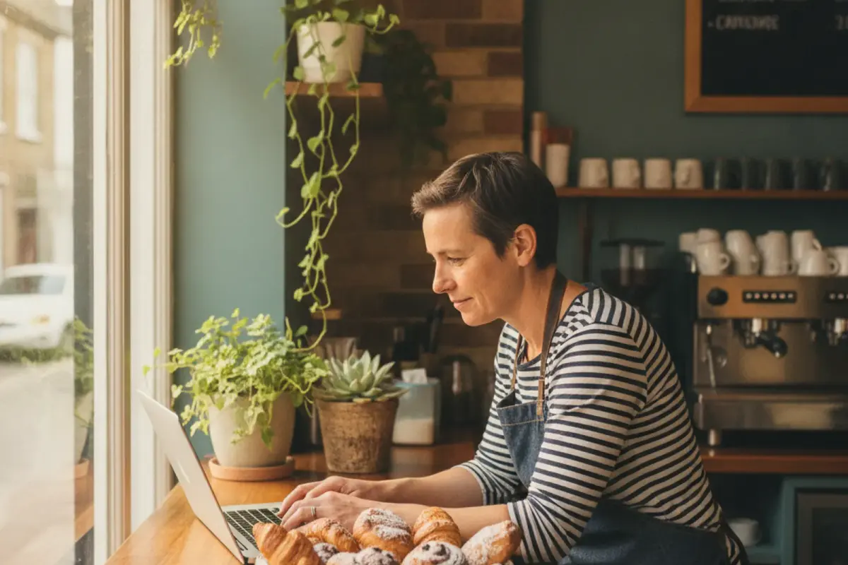 A person working on a laptop at a café table with a coffee