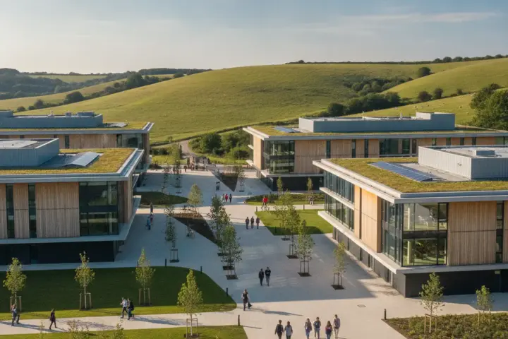 A modern university campus on the edge of green downland on a sunny day