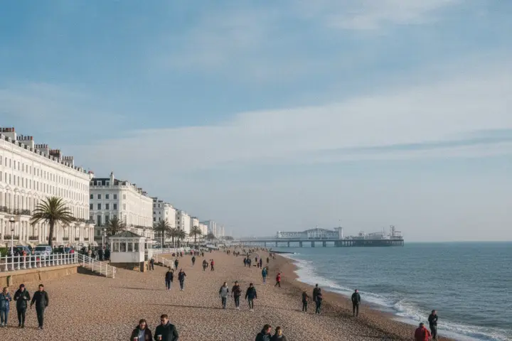 Brighton seafront on a bright morning with the pier in the distance