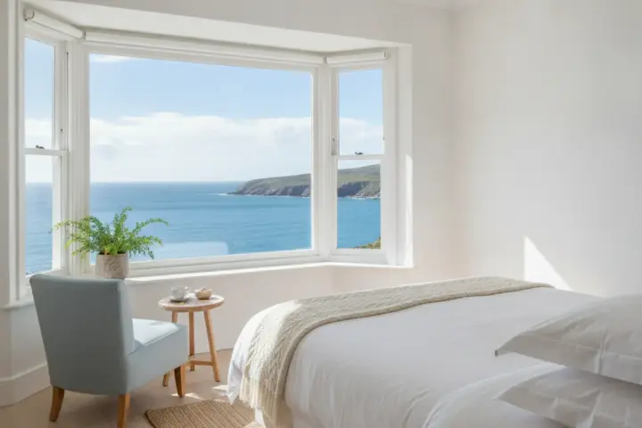A bright guesthouse bedroom with a bay window looking out to sea