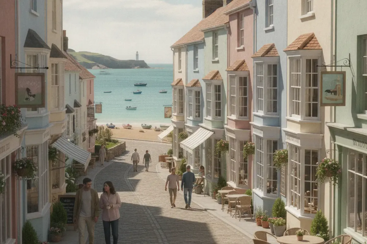 A pastel-painted street of small shops and cafés in a Brighton neighbourhood