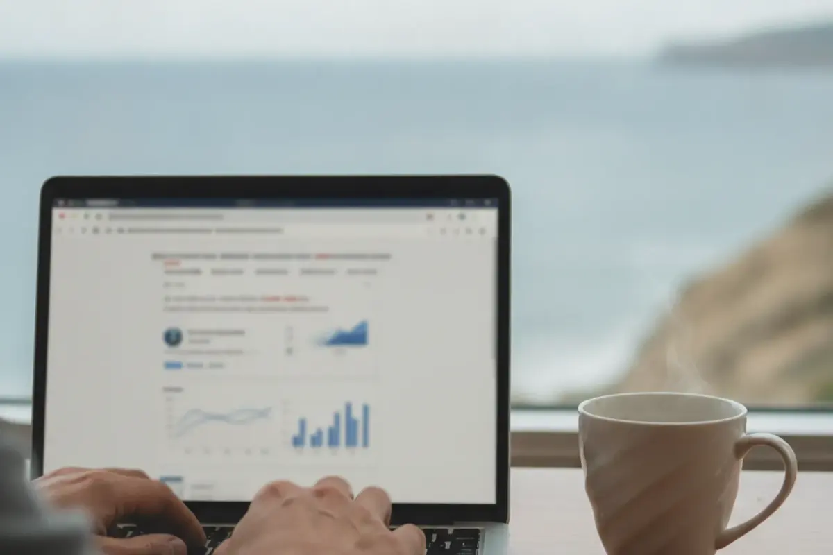Hands on a laptop showing search results and charts, with a sea view through the window