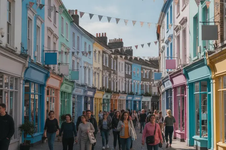 A busy, colourful independent shopping street in Brighton with painted shopfronts and bunting overhead