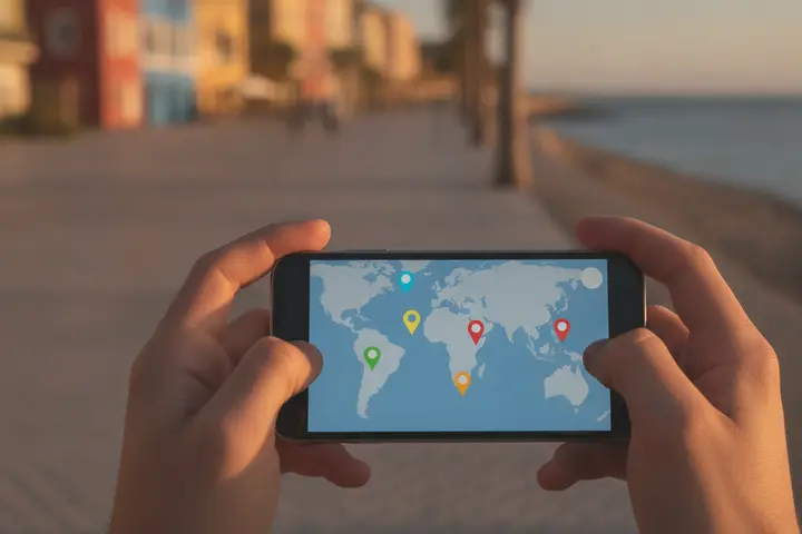 A person holding a smartphone showing a map with location pins on a seaside promenade