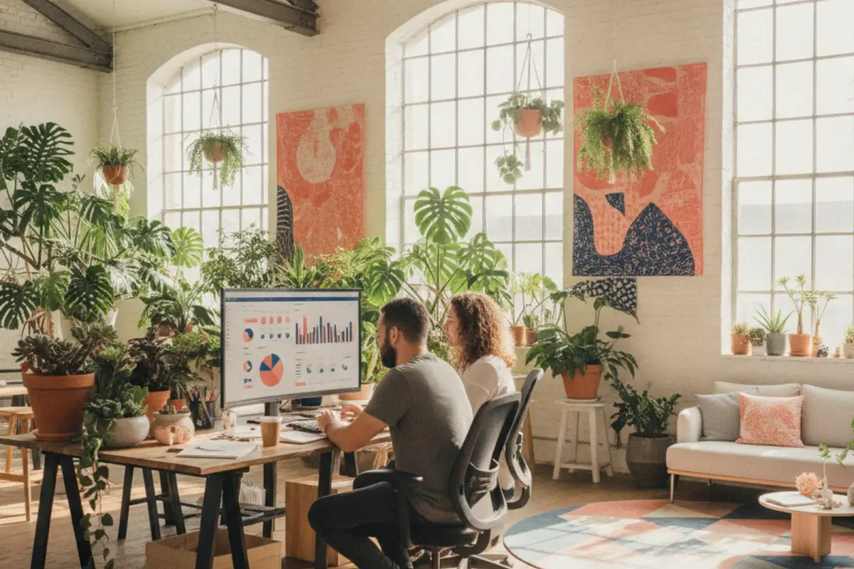 Two people in a bright studio reviewing website analytics on a large monitor