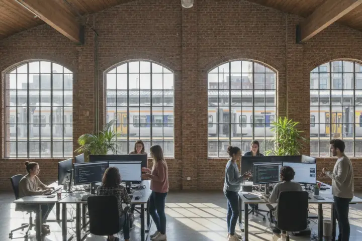 A modern office with people working at desks and large windows