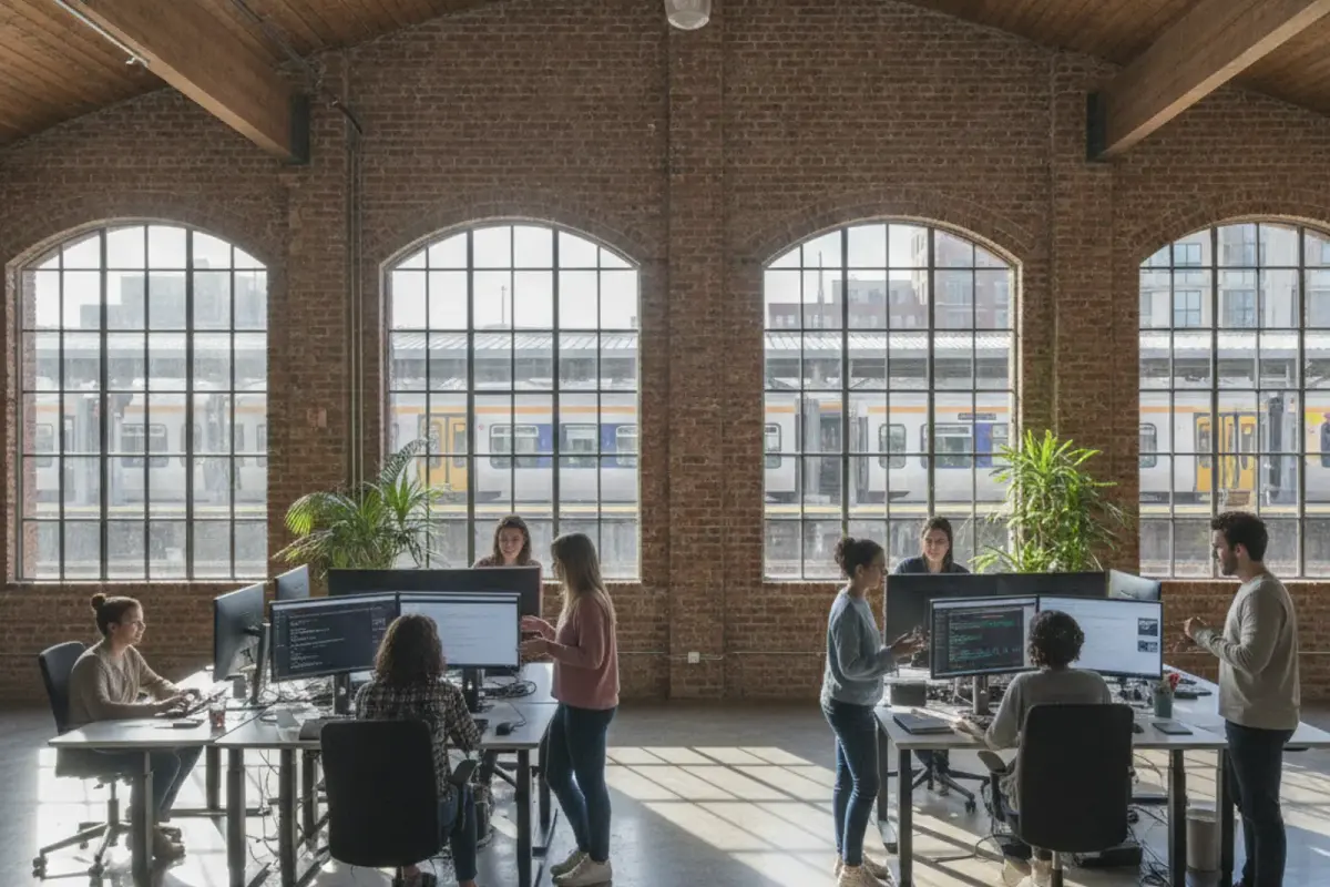 A modern office with people working at desks and large windows